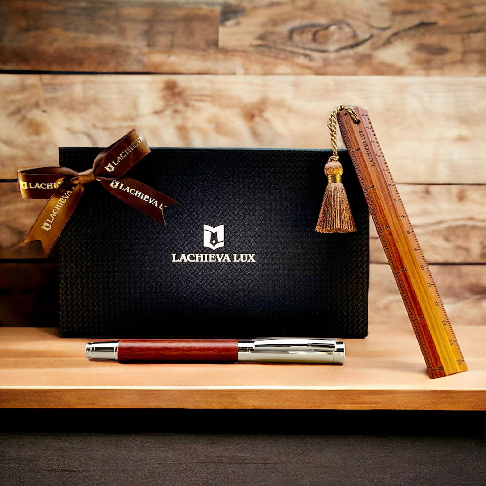 LACHIEVA LUX Nice Elegant Rosewood Rollerball Pen with Ruler/Book mark Set, Luxury Roller Ball Pen Gift for Woman, Man