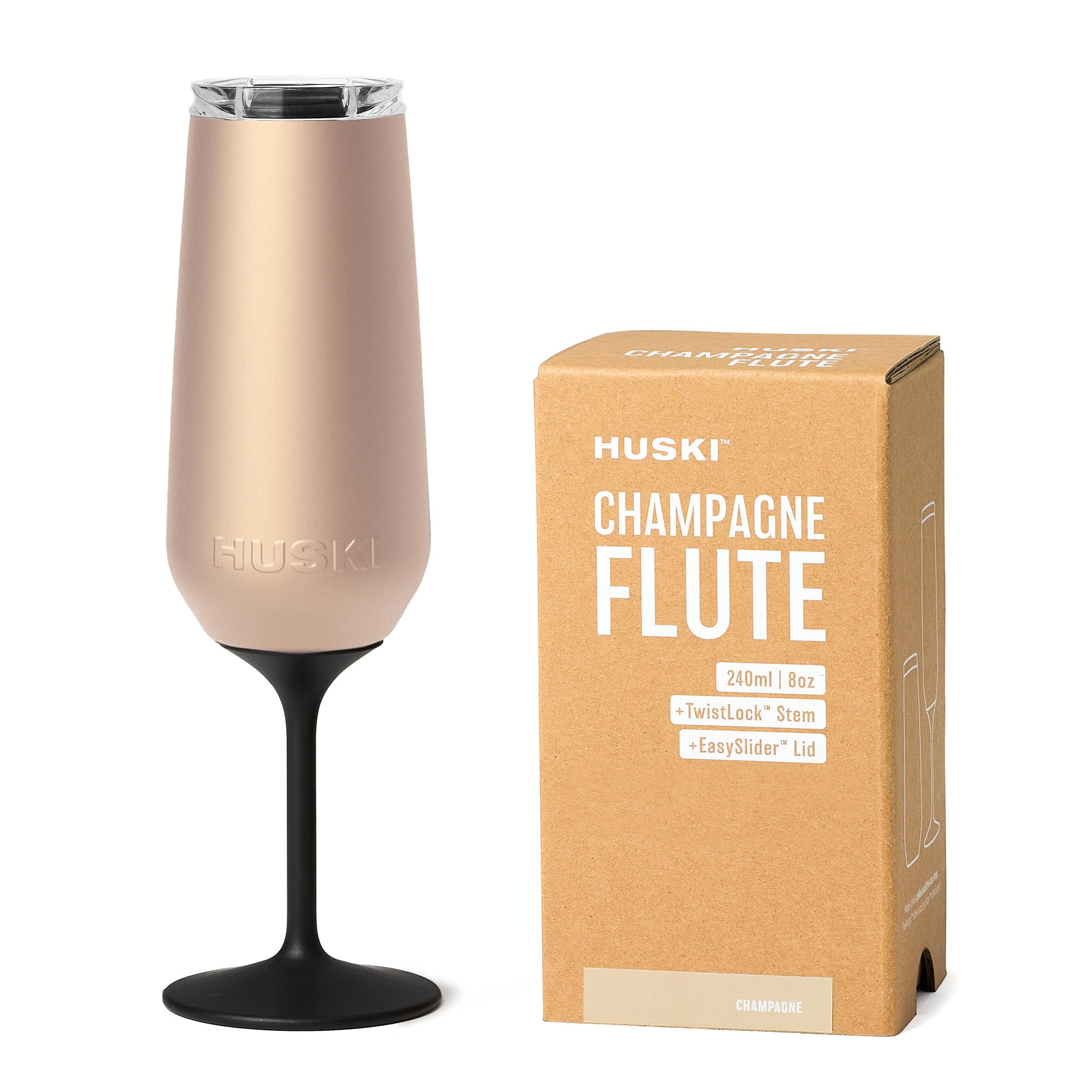 Huski Champagne Flute | New | Award-Winning Design with Detachable Stem | Premium Stainless Steel Champagne Glass with Lid | Triple Insulated Tumbler | 240ml Capacity | Great Gift (Champagne)