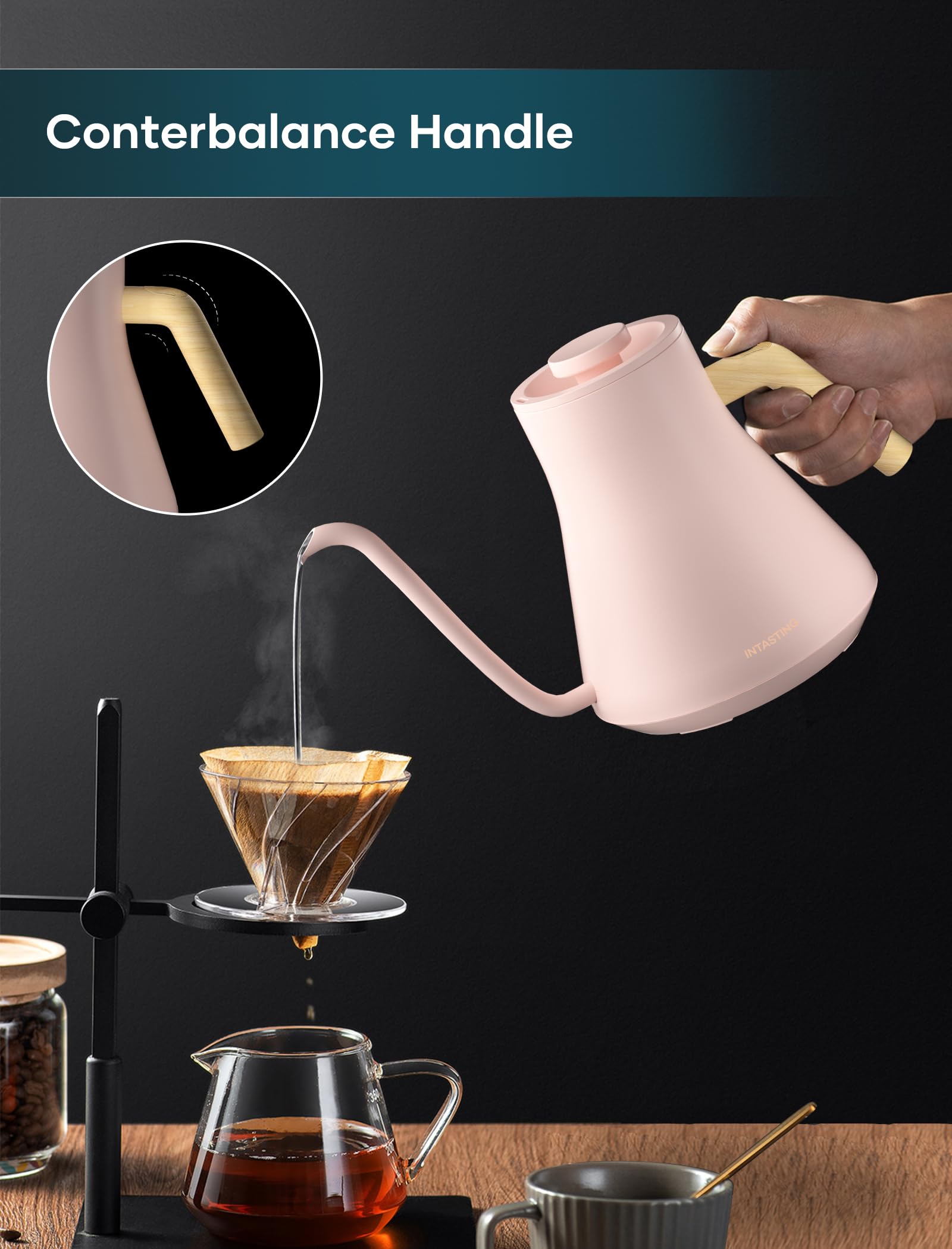 INTASTING Hervidores eléctricos, hervidor eléctrico de cuello de cisne, control de temperatura ±1 ℉, interior de acero inoxidable, calentamiento rápido, para verter sobre café, preparar té, hervir agua caliente, 0,9 L rosa