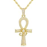 PY BLING Iced Out Eye of Horus Ankh Cross Pendant Ancient Egyptian Necklace Chain 14K Gold White Gold Plated Protection Jewelry for Men Women with Stainless Rope Chain