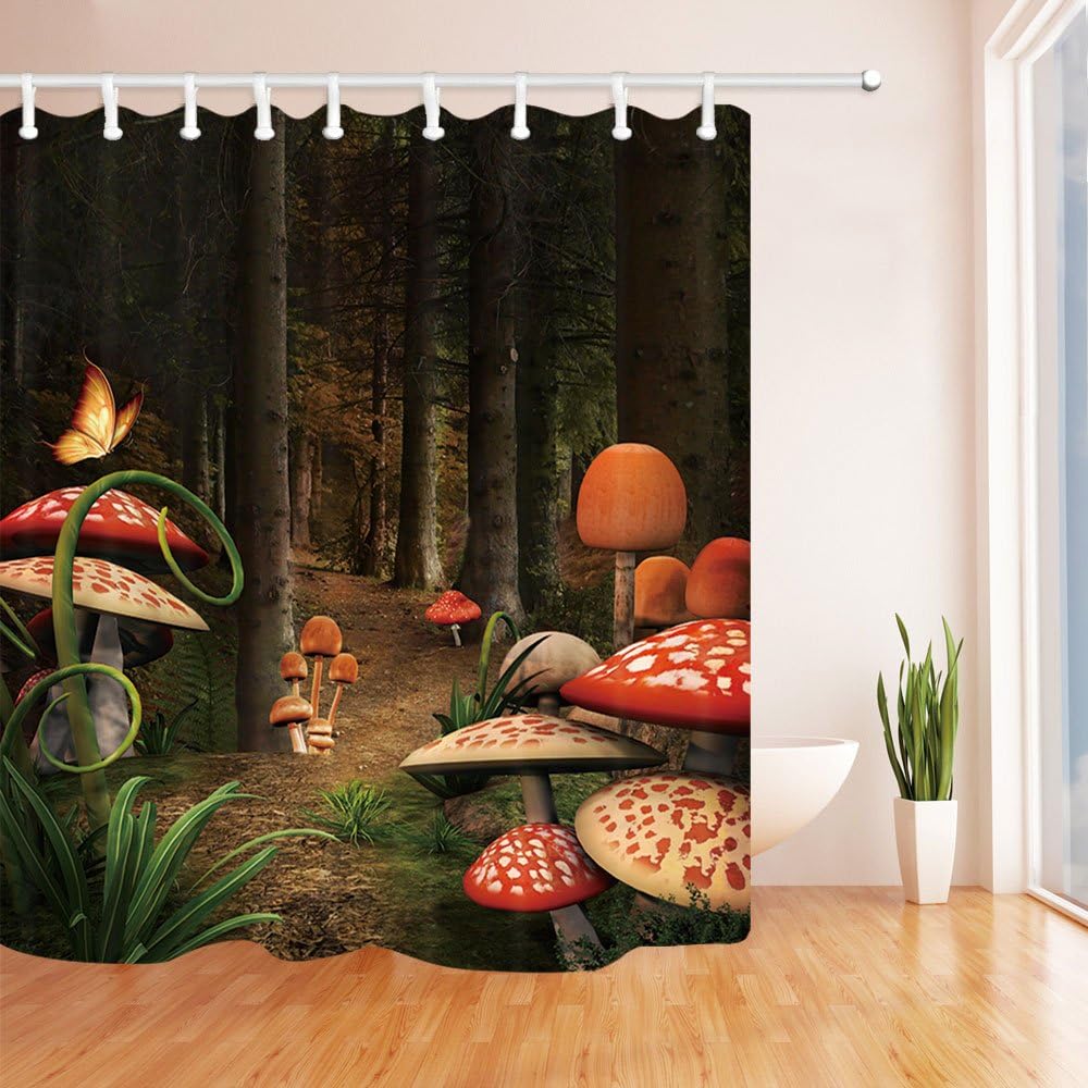 QCWN Mushroom Decor Shower Curtain,Unique Mushroom Grow Up in the Dark