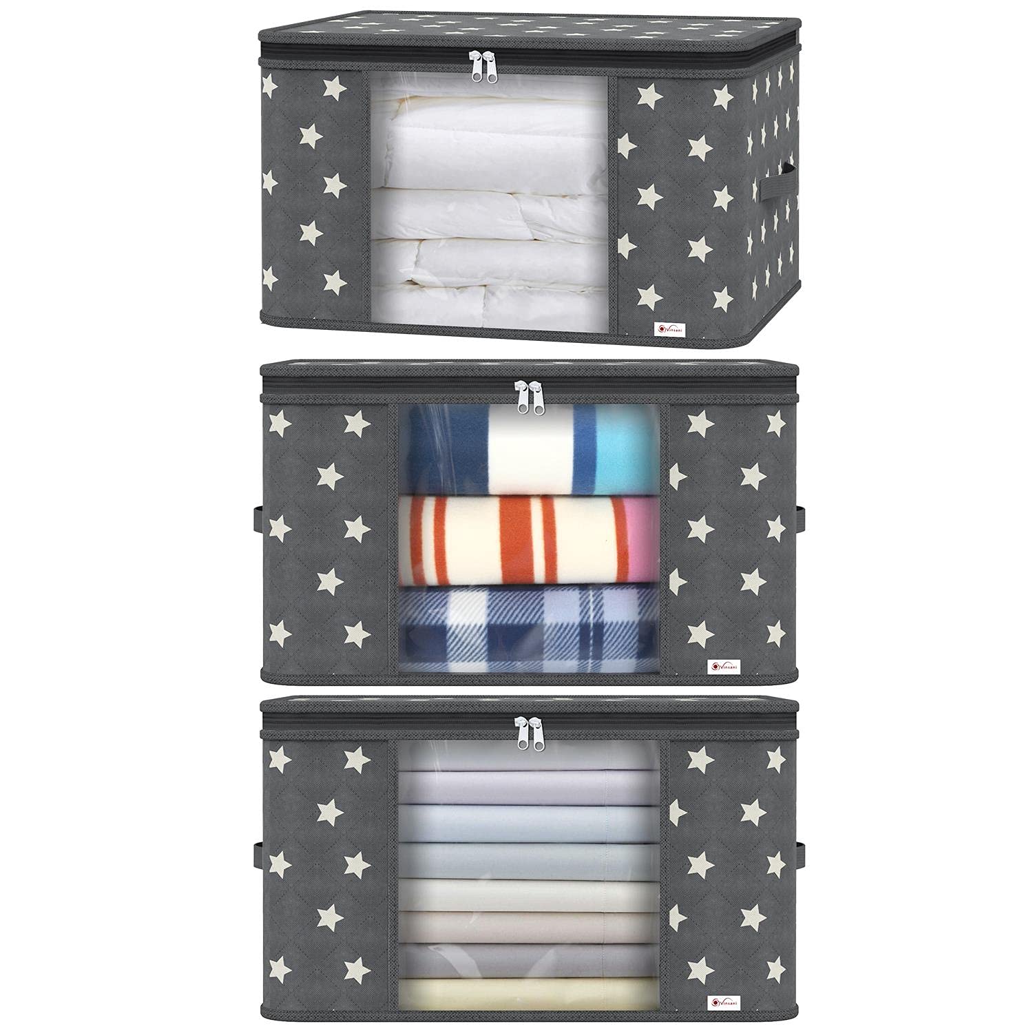 Vinsani 3pcs Deluxe Clothes Storage Bags Organizer Large Capacity Double Zipper, Moisture-Proof Big Clear Windows Perfect Space for Clothes, Beddings, Blankets and Duvet - Grey Star