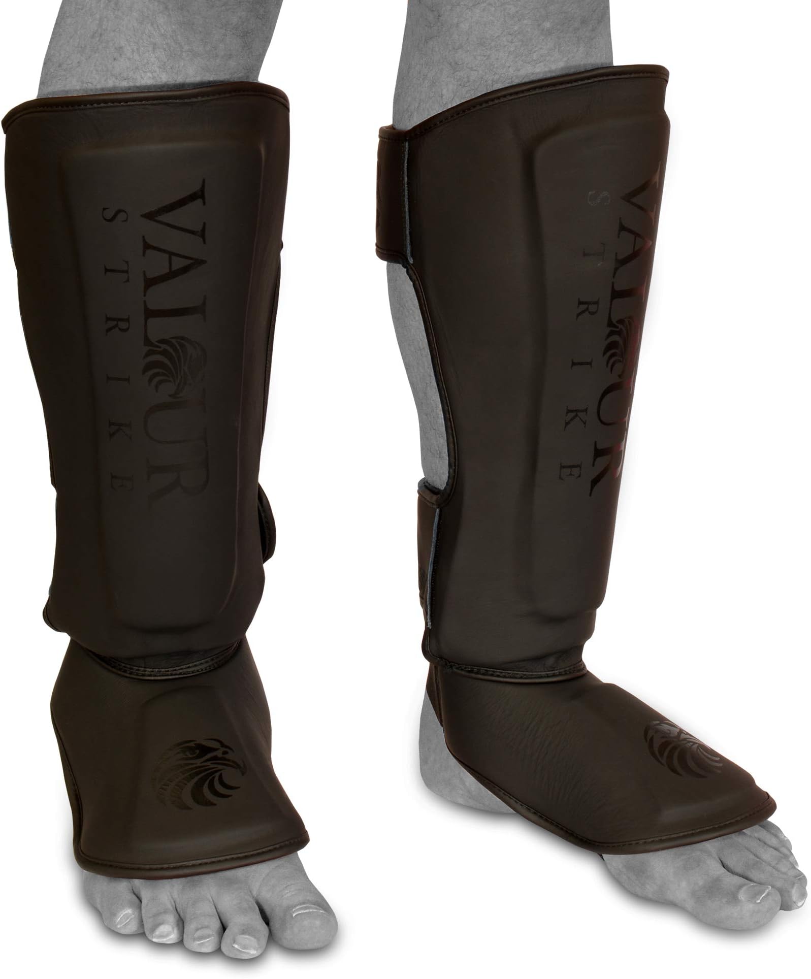 Valour Strike Pro Leather Leg Guards Shin Instep Pads MMA Foot Muay Thai Kick Protector Boxing Fitness Kickboxing Sparring All Blacks (Medium)
