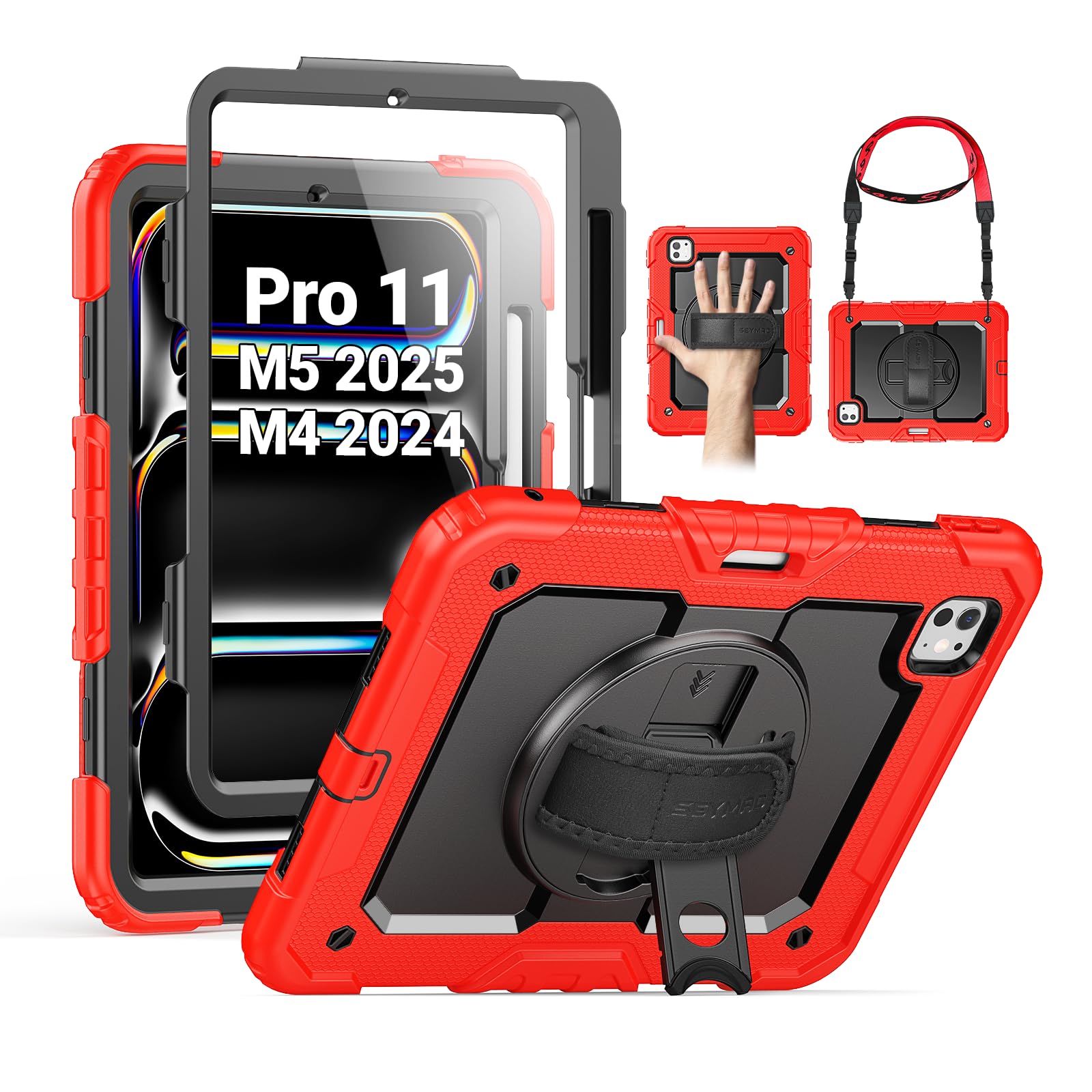 Photo 1 of SEYMAC for iPad Pro 11 Inch Case M5 2025 / M4 2024, Heavy Duty Shockproof Protective Case with Screen Protector, 360° Rotating Stand, Hand/Shoulder Strap and Pen Holder, Red