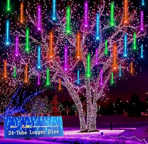 Kwaiffeo Halloween Lights, 24 Tubes Meteor Shower Lights(Equivalent to 3 Sets of 8-Tube) for Halloween Christmas Decorations Outdoor, Multi Color-Purple, Orange, Green and Icicle Blue