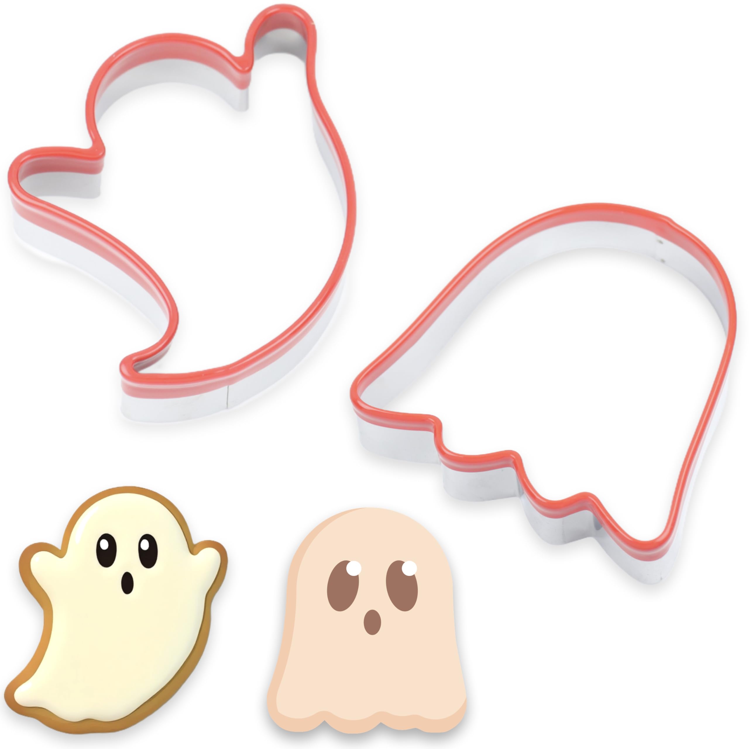 Photo 1 of 2-Piece Hallowenn Ghost Cookie Cutters. Food-Grade Stainless Steel Sandwich Cutters, Biscuit Cutter Set, Holiday Cookie Cutters, Unique Design with Protective Red Top Rubber