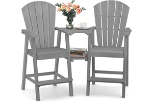 Ciokea Tall Adirondack Chairs Set of 2, HDPE Outdoor Adirondack Bar Stools with Double Connecting Tray, Weather Resistant High Back Adirondack Balcony Chairs for Deck, Lawn, Pool, Backyard, Grey