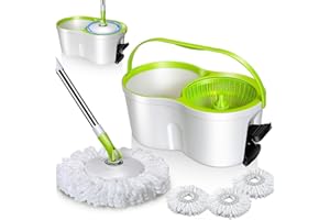 Almcmy Spin Mop and Bucket Set, Mop Bucket with Foot Pedal Wringer System, 3 Reusable Mop Refills, 130cm Long Handle, Easy Wr