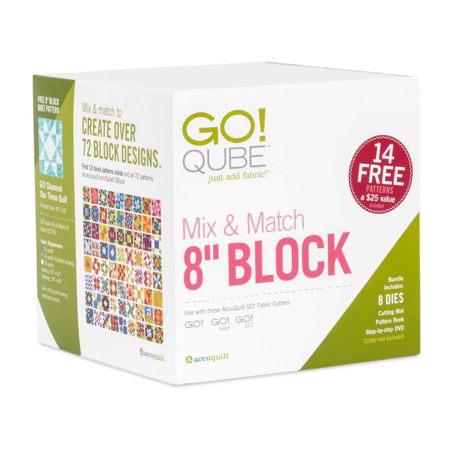 AccuQuilt GO! Qube Mix & Match 8" Block Fabric Cutting Die Set. Includes 8 Dies for Quilting 8" Blocks.