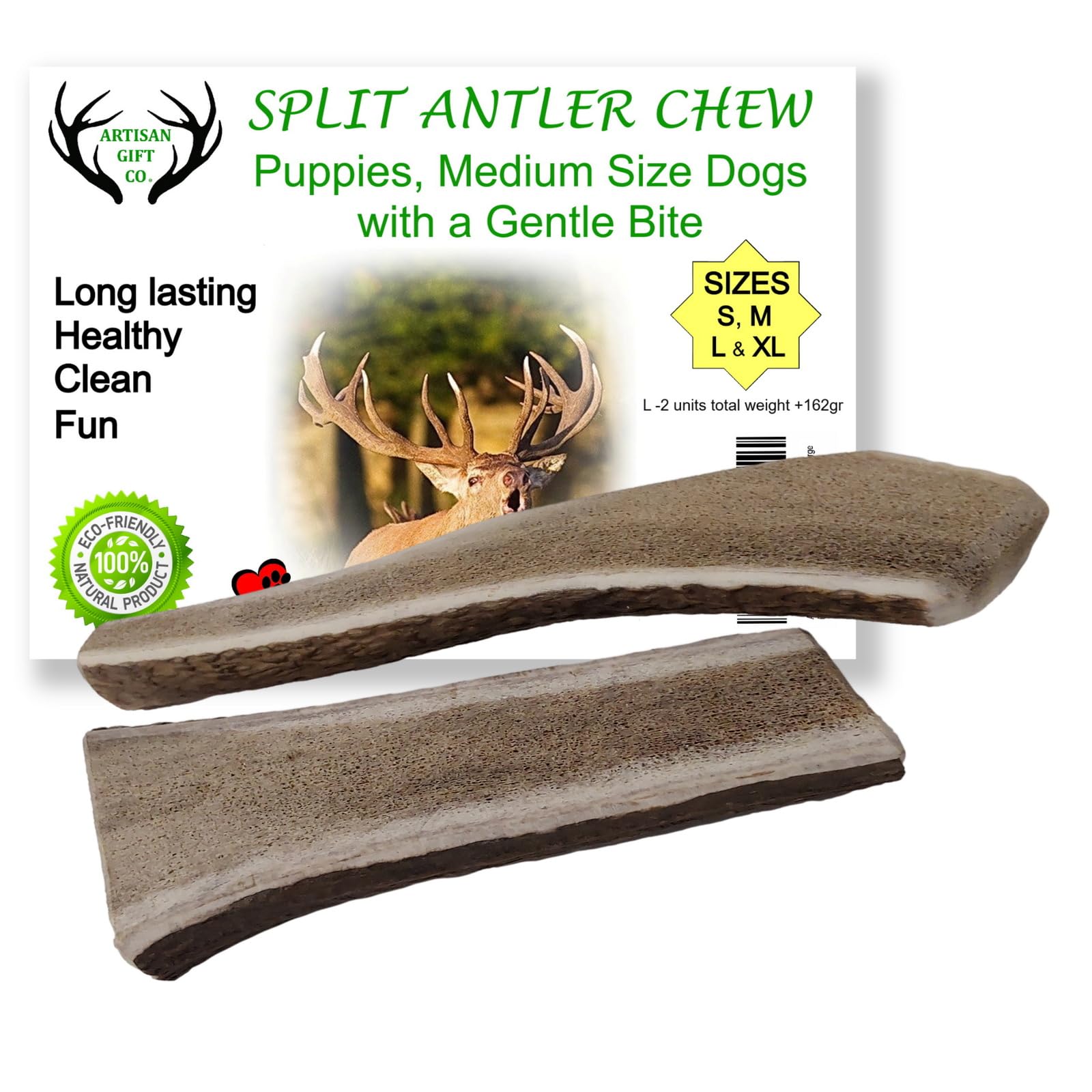 ARTISAN GIFT CO Naturally Shed 100% Natural Premium Split Deer Antler Chew for Dogs - minimum pack weight 162g (L - 2 Units)