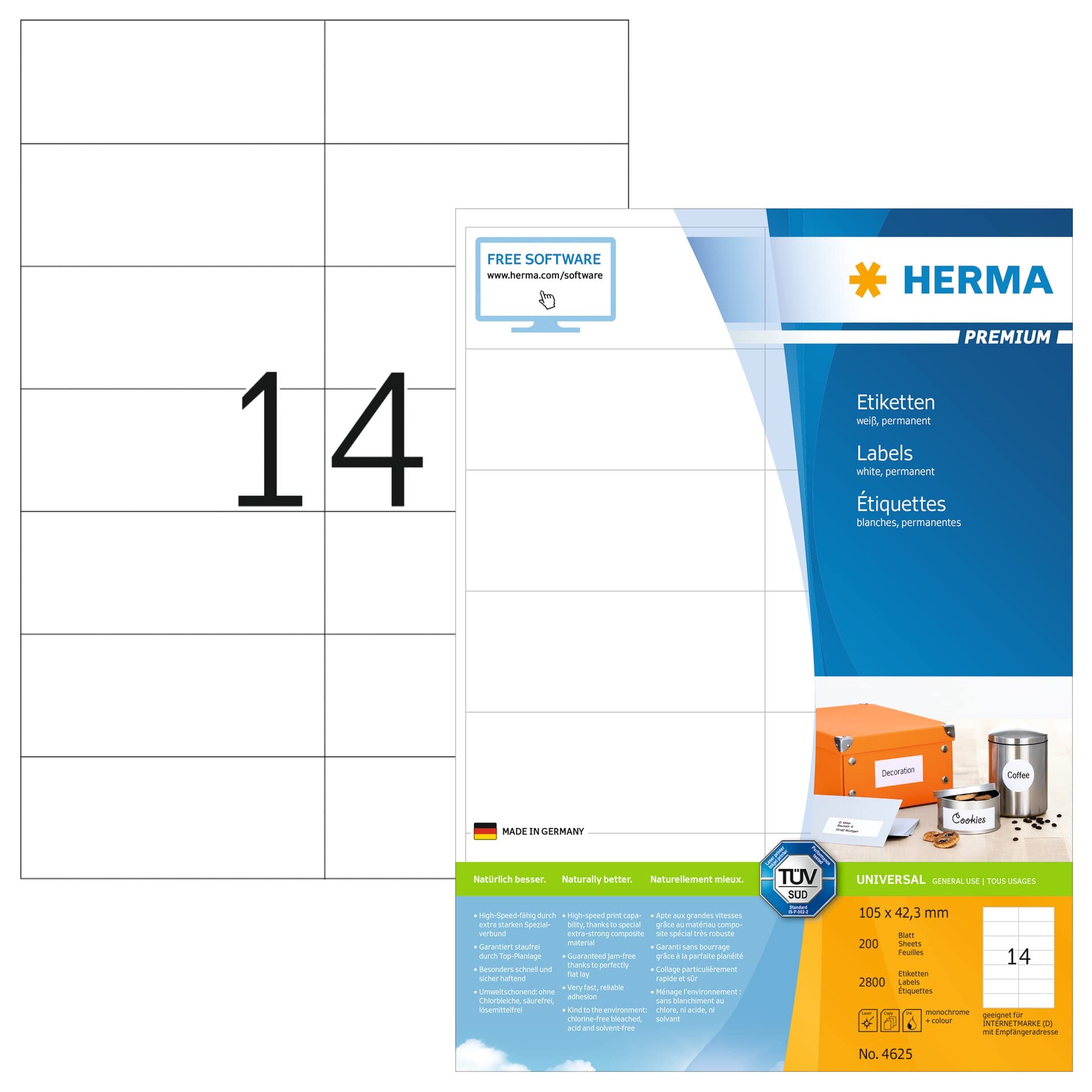 HERMA Self Adhesive Multipurpose Labels, 14 Labels per A4 Sheet, 200 Sheets, 105 x 42.3 mm, 2800 Labels, Blank Universal Labels Stickers, Sticky Labels for Laser & Inkjet Printer, White