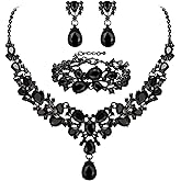EVER FAITH Austrian Crystal Bridal Bridesmaid Jewelry Sets, Elegant Water Drop Flower Cluster Statement Chunky Necklace Earrings Bracelet Set for Women