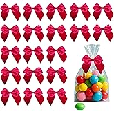 ULIFEBETTER 50PCS Hot Pink Satin Bows, Hot Pink Bows for Crafts Twist Tie Bows for Gift Wrapping Double-Sided Tape Bows for Treats Bags Wrapping Baby Shower Wedding Decorations(2.7x2.5 Inch)