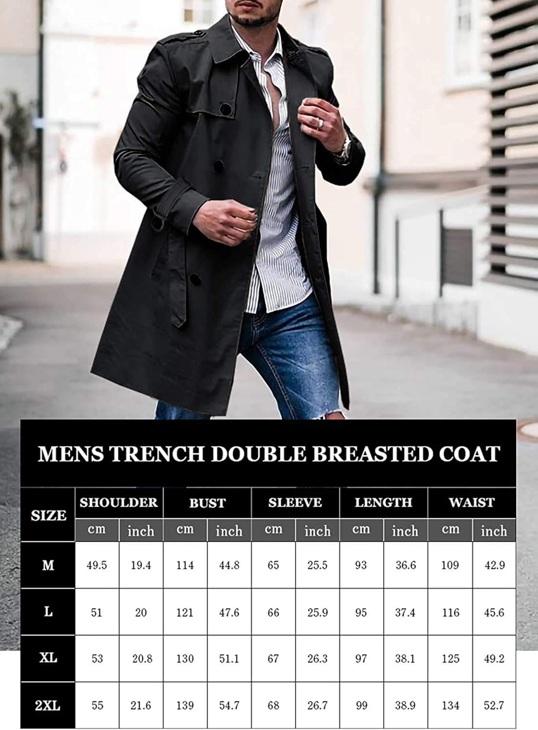 Men's Trench Coat Slim fit Long Lapel Double Breasted Belted Windbreaker Jacket Windproof Button Overcoat at  Men’s Clothing store