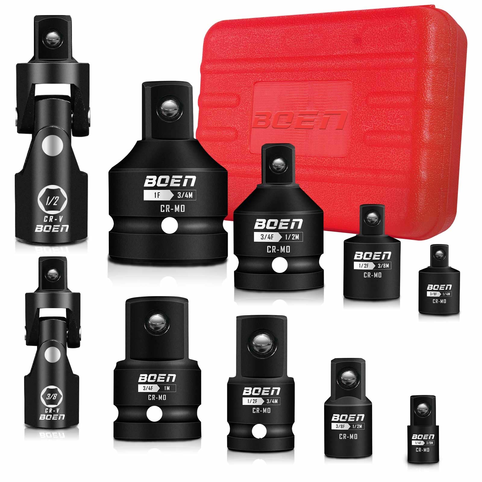 Impact Socket Adapter and Reducer Set 10 Pcs, CR-MO, Mr.wintek 1/4" 3/8" 1/2" 3/4" Drive Converter Adapter Set with 3/8" & 1/2" Universal Joint for Impact Driver Conversions
