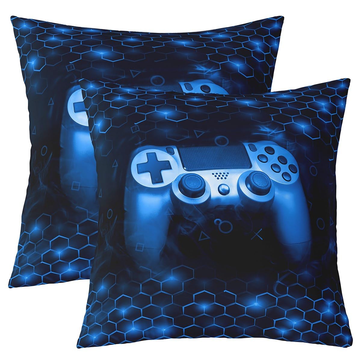 Honeycomb Pillow Cases Cushion Covers Kids Gamer Throw Pillow Covers 16"x16" Set of 2 Soft Game Controller Decorative Throw Pillowcases for Room Decor Hexagon Gaming Gifts Blue Cushion Cases