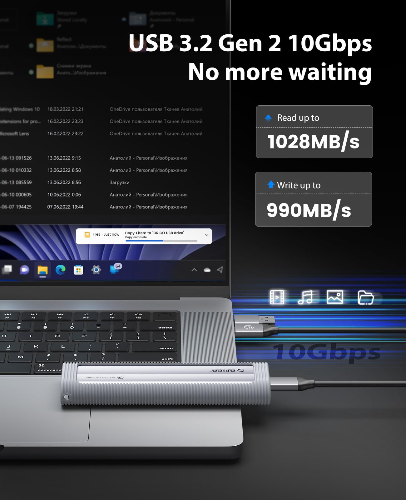 ORICO M.2 NVMe Gehäuse Werkzeugfreies, USB 3.2 10Gbps M2 SSD Gehäuse mit Silikon-Schutzhülle & Schlüsselband, Aluminium NVMe USB Adapter für NVMe PCIe M-Key SSD in 2230/2242/2260/2280-AXM2 2