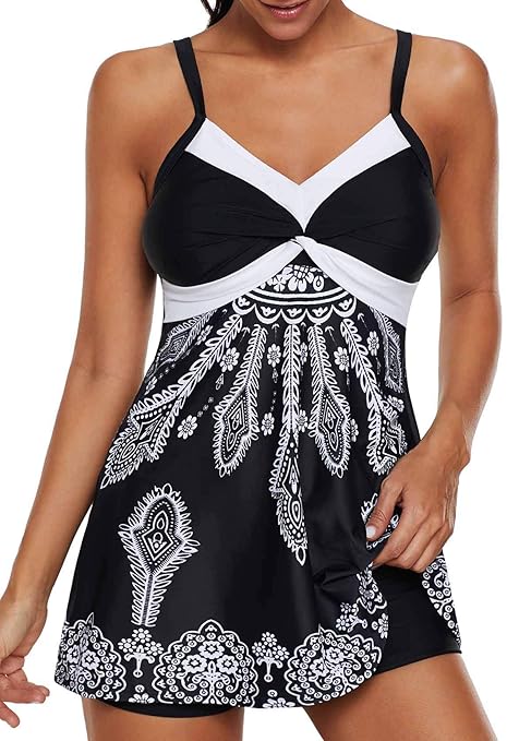 Eomenie Zweiteiler Badeanzug Tankini mit Shorts Bauchweg Badekleid Große Größen Bademode Sport Swimsuit Push Up Strandkleid f