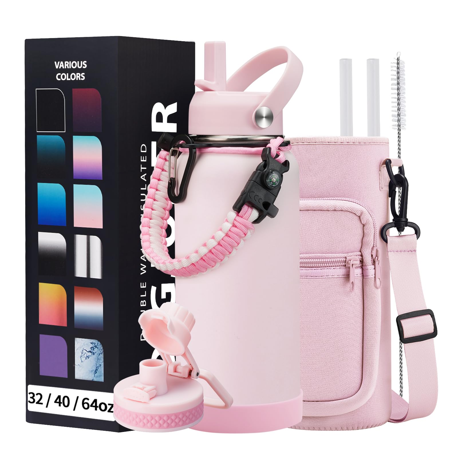 Photo 1 of 32 OZ Water Bottles with Straw, Storage Carrier Bag, Paracord Handle & Chug Lid, BPA-free Vacuum Insulated Water Bottle 32oz, Keep Cold 48Hrs & Hot 24Hrs, Stainless Steel Hydro Sports Office Travel