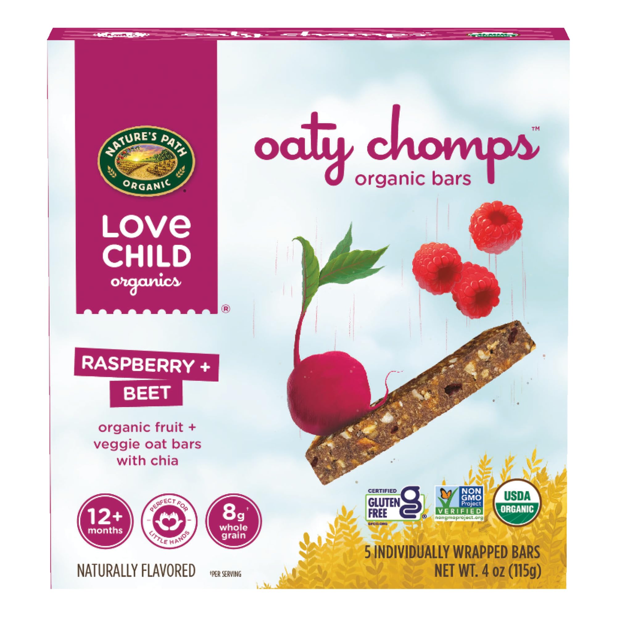 Love Child Organics Oaty Chomps Raspberry + Beet Snack Bars, 4 oz (Pack of 8), Gluten Free, Non-GMO, by Nature’s Path