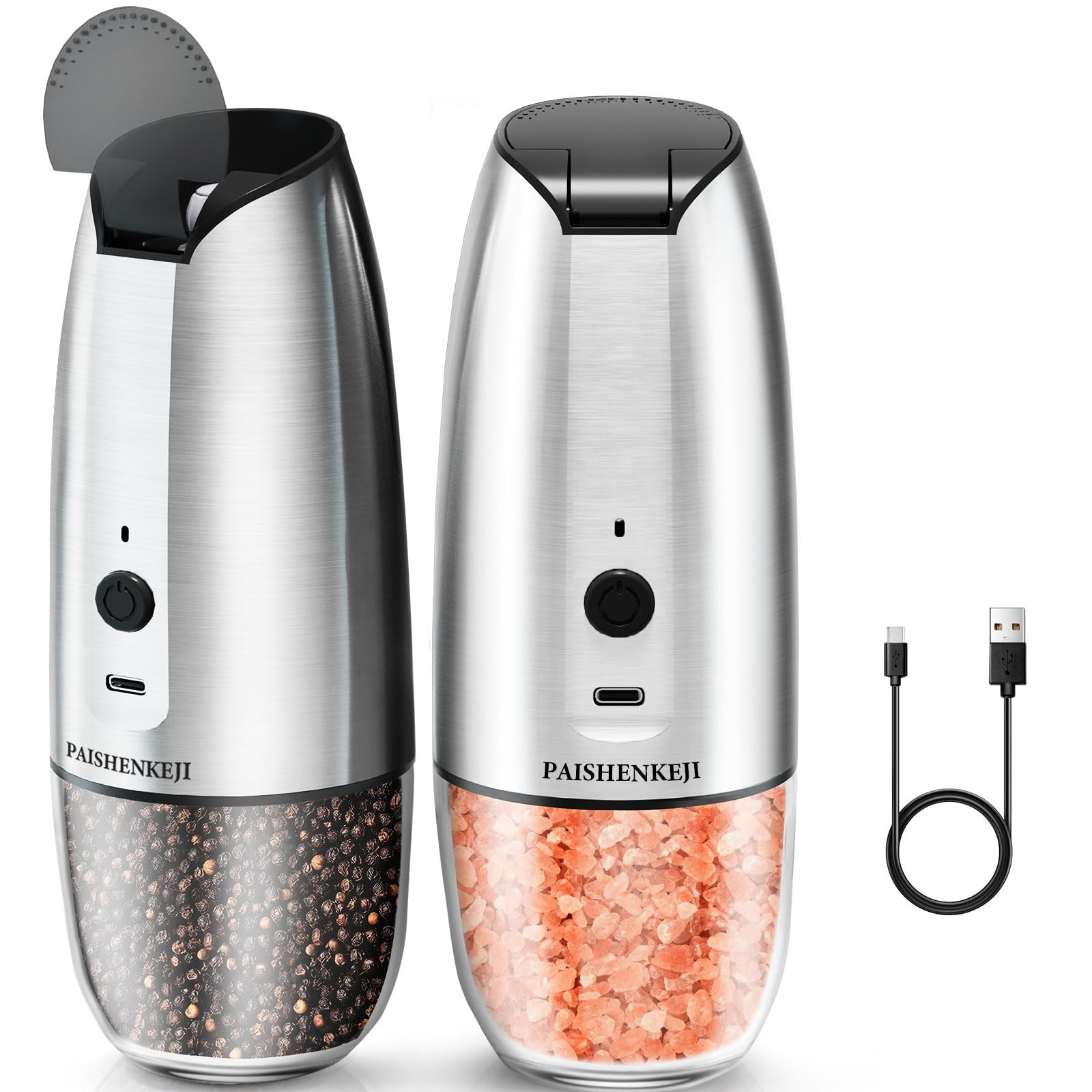 Rechargeable Salt and Pepper Grinder Set - Electric Gravity Pepper Mill with One-Handed Operation, USB Chargable Automatic Pepper Mills Refillable Auto Pepper Shakers Adjustable Coarseness (Silver)