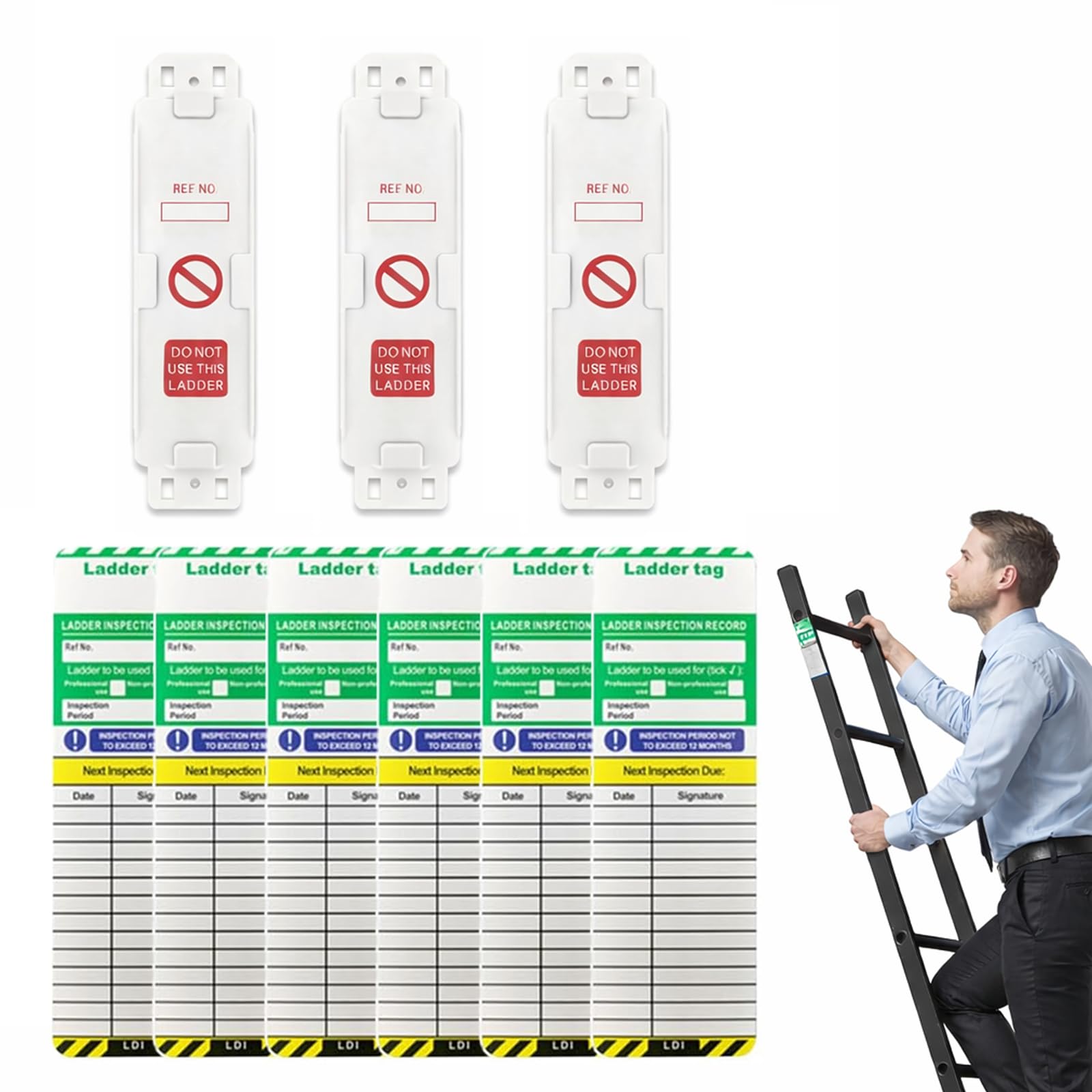 Scaffold Ladder Tags, 3 Holders and 6 Ladder Inspection Tag Inserts, Weatherproof Safety Inspection Record Ladder Tags, Accident Prevention Labels for Indoor Outdoor All Ladder Types (White)