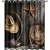 Kazynee Western Farmhouse Blackout Curtains for Bedroom,Rustic Cowboy Leather Boots Texas Star Hat on Wooden Grommet Thermal Insulated Room Darkening Curtains Window Treatments 2 Panels 45L x 21W