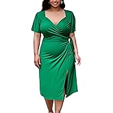 SIMIWALI Plus Size Bodycon Dress Wrap Ruched V Neck Ruffle Sleeve Tie Waist Casual Elegant Summer Midi Dresses for Women 2025