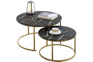 Azheruol 29.5" Nesting Coffee Table, Large Blcak Faux Marble Side Table Set of 2, Steel Frame Circular and Round Wooden Tables,Living Room Bedroom Apartment Modern Industrial for Small Place
