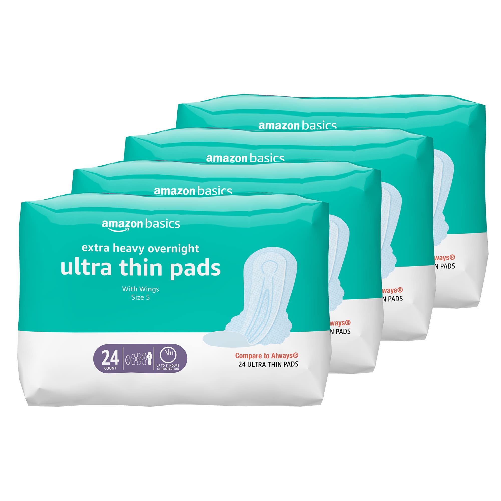 Photo 1 of Amazon Basics Extra Heavy Overnight Pads for Women, Ultra Thin with Flexi-Wings, Unscented, Size 5, 96 Count, (4 Packs of 24) (Previuosly Solimo)
