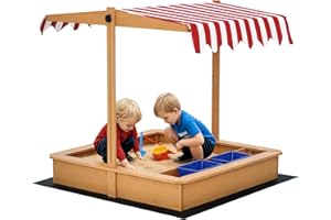 Outsunny Kids Wooden Sandbox, Children Play Sand Station Outdoor with Adjustable Height Cover Lid, Bottom Liner, Seat, Plasti
