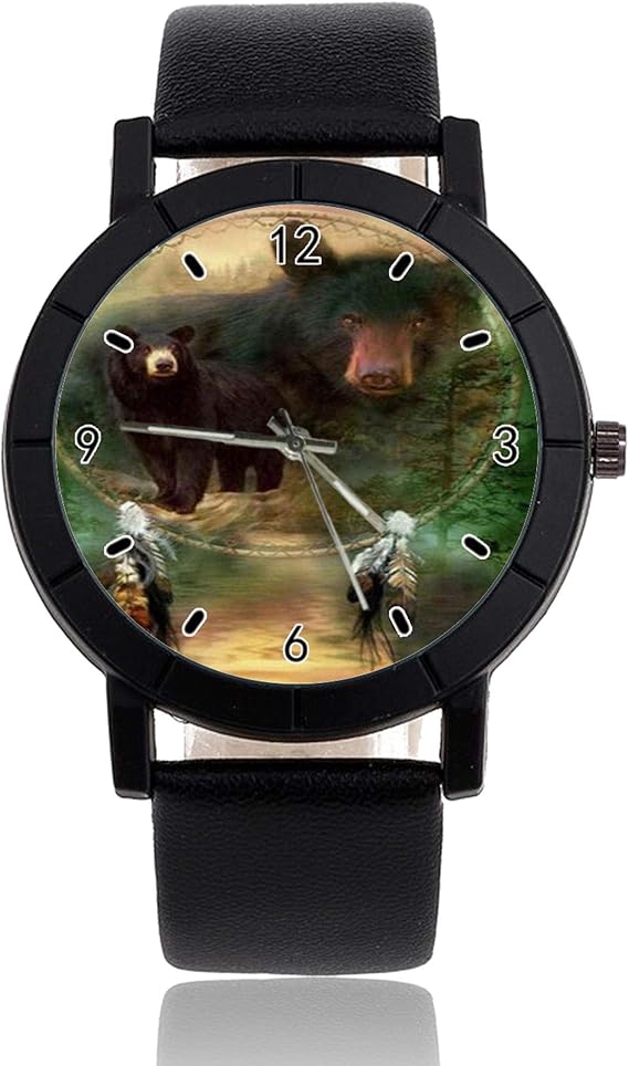 Black Bear Pendant Personalized Custom Watch Casual Black Leather Strap Wrist Watch for Men