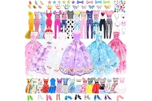 75Pcs Doll Clothes and Accessories Fashion Design Kit for 11.5 Inch Doll Dress up with 2 Wedding Gown Dresses 3 Party Dress 8