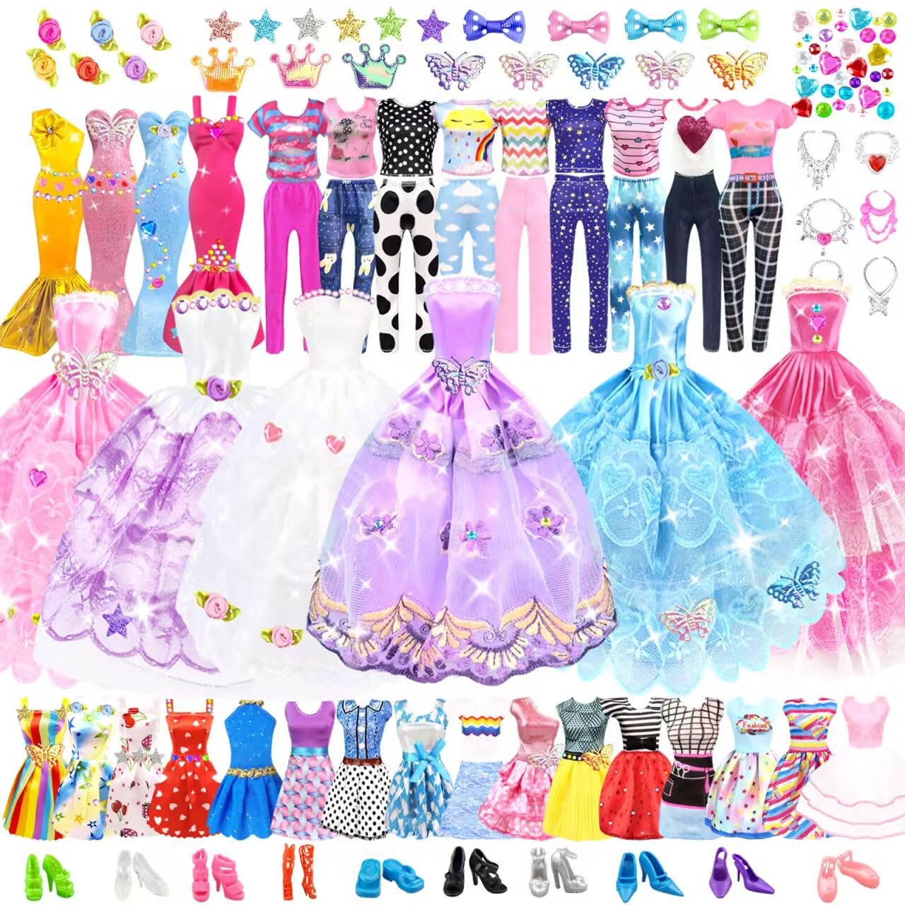 75Pcs Doll Clothes and Accessories Fashion Design kit for 11.5 Inch Doll Including 2 Wedding Gown Dresses 3 Fashion Dress 2 Party Dress 8 Mini Skirts 3 Tops and Pants 10 Shoes 6 Necklaces — image 1