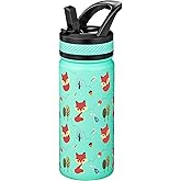 Fanhaw 18 Oz Kids Insulated Water Bottle with Straw - Stainless Steel Double Wall Vacuum Cup, Leakproof, BPA Free, Suitable for Boys and Girls(Green - Little Fox)