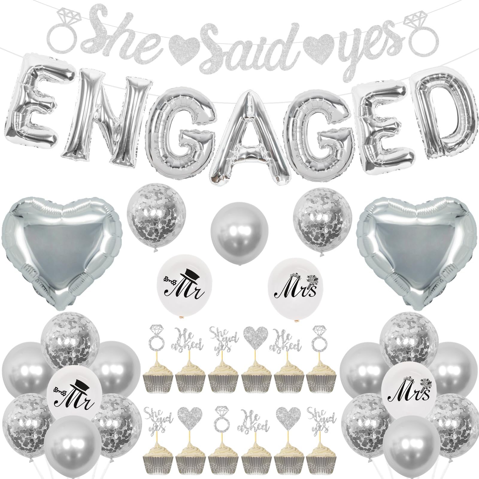 Engagement Party Decorations Silver - She Said Yes Banner, Glitter He Asked She Said Yes Cupcake Toppers, Engaged Foil Balloons, Mr Mrs Printed Balloons for Engagement Wedding Bridal Shower Supplies