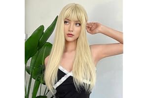 Anogol Wig Cap +Long Blonde Wig With Bangs Long Straight Wig for Woman Cosplay Heat Resistant Hair Replacement Wig Synthetic Wigs For Daily Use Halloween Party Anime Costume