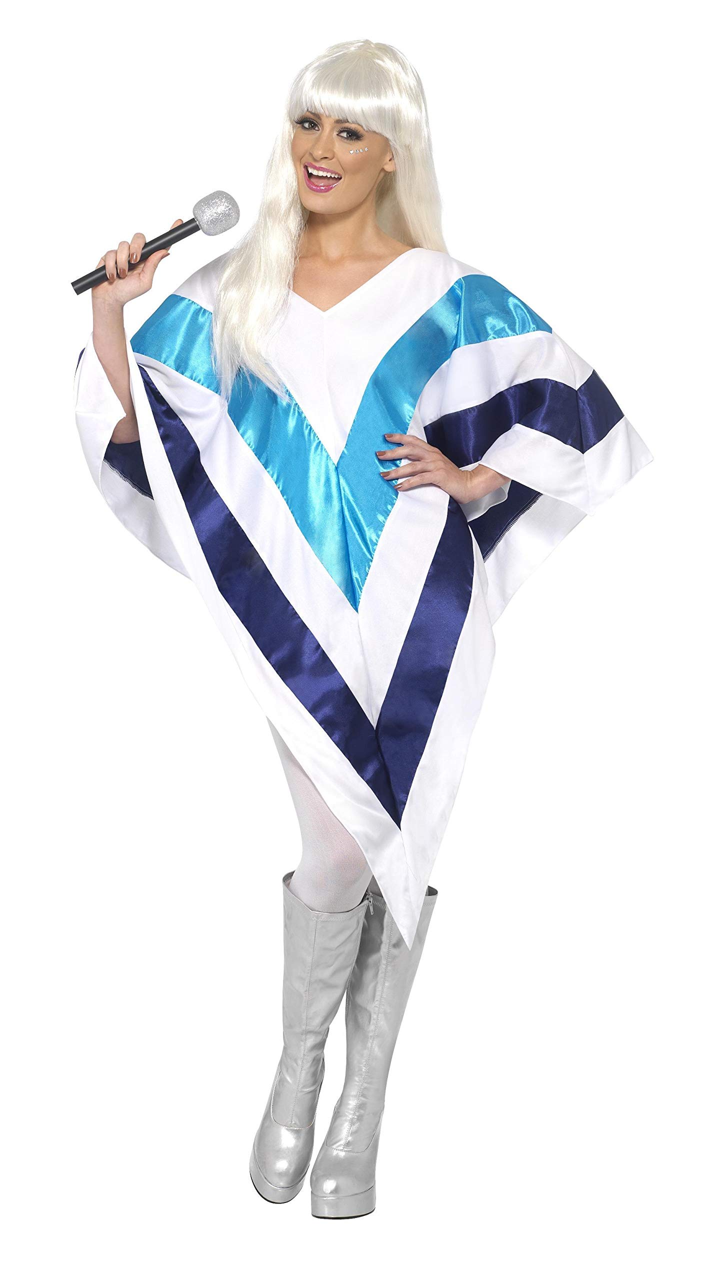 Smiffys Super Trooper Poncho Costume for Adults, 70s Disco Pop Star Inspired Fancy Dress Outfit with Blue & White Chevron Cape for 1970s Party, Festival, Halloween & Themed Events, Dancing Queen, XL