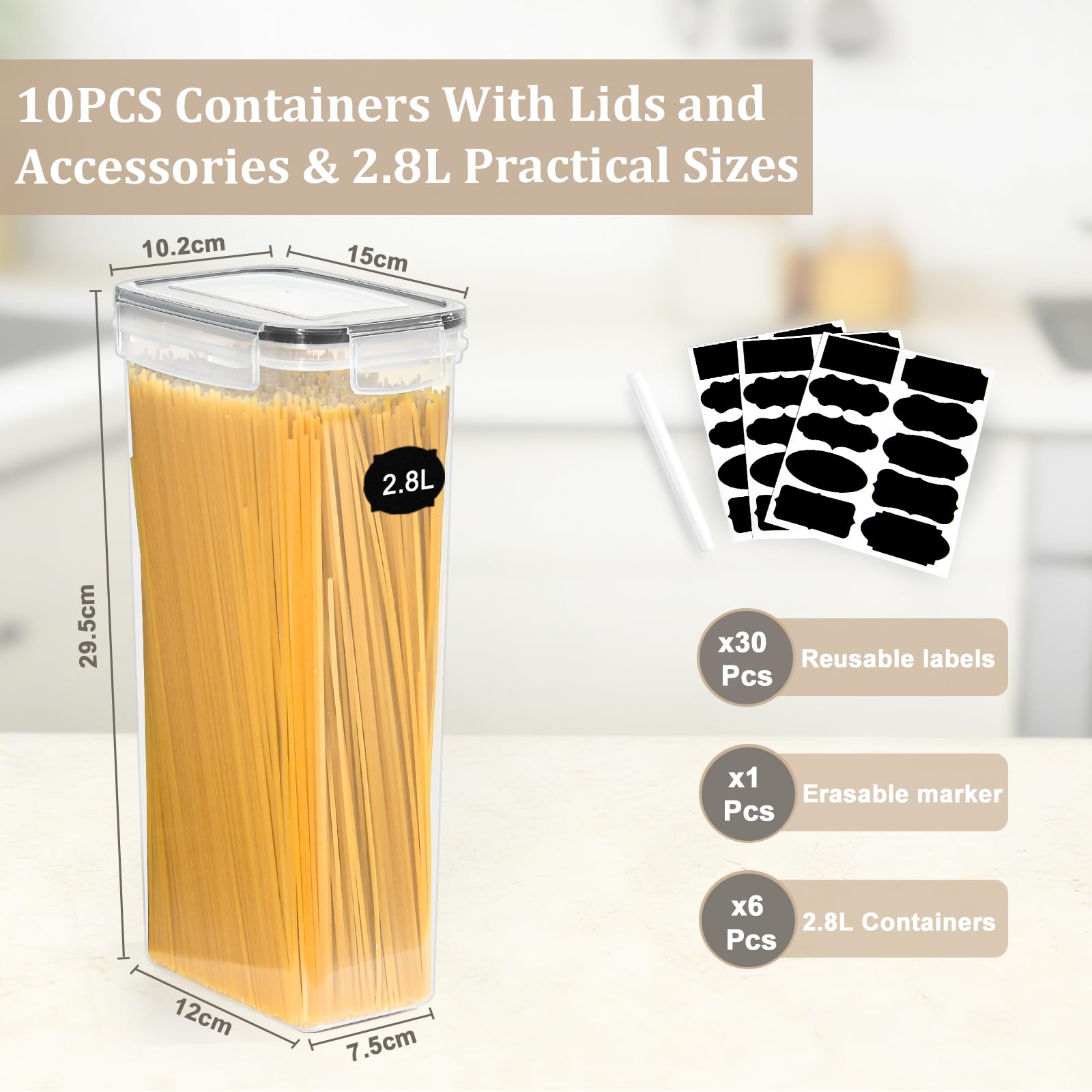 GoMaihe 6er Set Vorratsdosen mit Deckel Luftdichte: Vorratsbehälter mit Deckel 2800ml | Luftdichte Aufbewahrungbox Küche von Spaghetti, Nudeln, Mehl und Zucker | BPA-FREI | Spülmaschinenfest 3