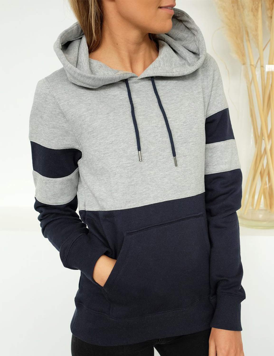 Blooming Jelly Women\'s Casual Pullover Hoodies Striped Color Block Long Sleeve Shirt Hooded Crewneck Sweatshirts Top(L, Navy Blue)