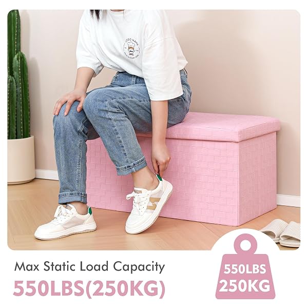 B FSOBEIIALEO FOLDING STORAGE OTTOMAN, FAUX LEATHER FOOTREST SEAT LONG SHOES BENCH BOX CHEST, PINK 30″X15″X15″