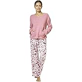 HUE womens Fluffy Chenille Long Sleeve Top and Pant 2 Piece Pajama Set