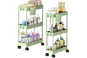 ARATAN Slim Storage Cart, 2 Pack Narrow Bathroom Cart with Wheels for Small Space Storage Small Rolling Cart with Plastic Basket&Metal Tubes for Bathroom, Laundry Room, Kitchen Narrow Bathroom Storage, Green