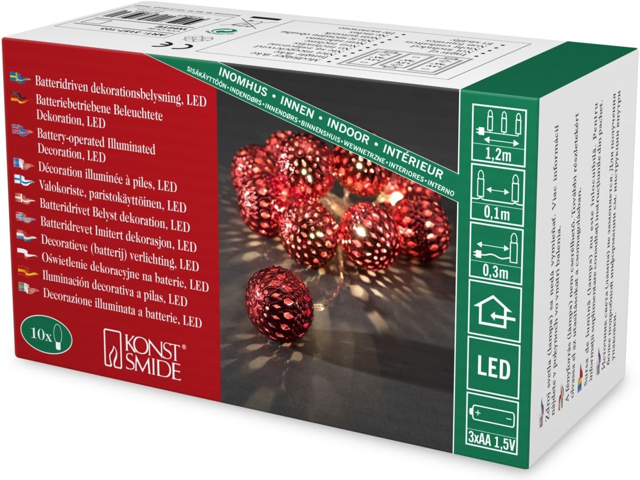 Konstsmide 3157-553 LED Fairy Lights Large Metal Balls/10 Warm White Diodes/3x AA 1.5 V Batteries, Transparent Cable/Red