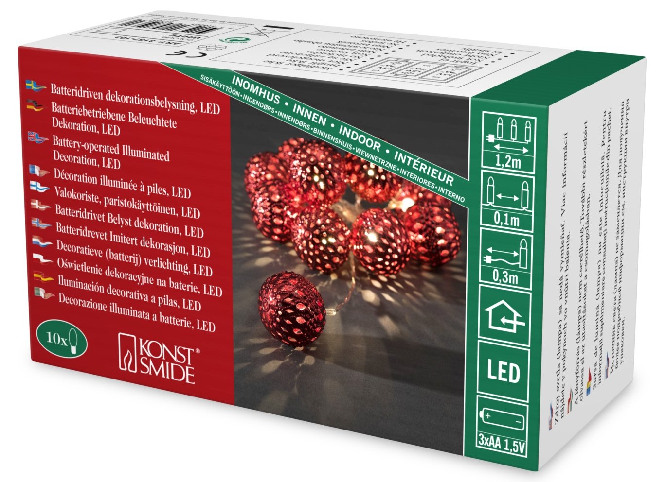 Konstsmide 3157-553 LED Fairy Lights Large Metal Balls/10 Warm White Diodes/3x AA 1.5 V Batteries, Transparent Cable/Red