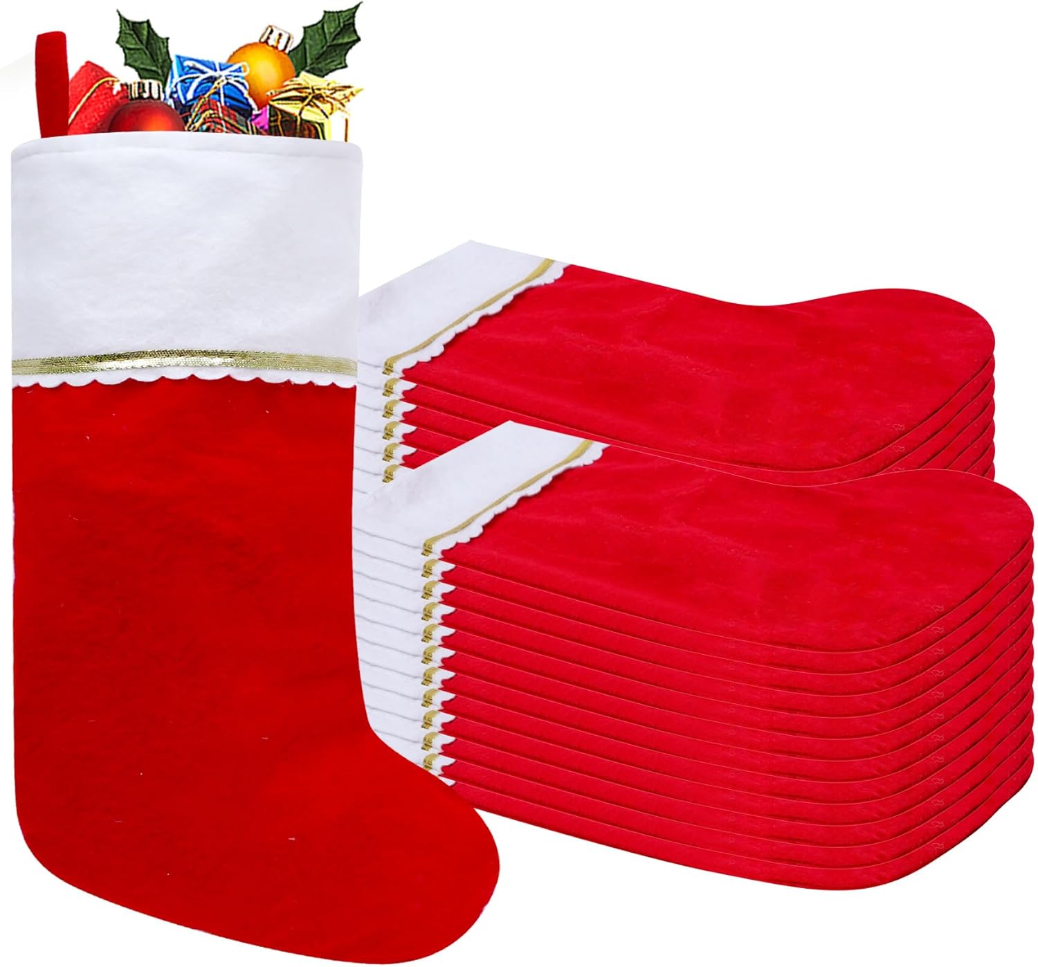 Stockings & Holders - Tokforty 24 Pack Felt Christmas Stockings, 19 Inches Red and White Christmas Stockings Hanging Ornaments, White Cuff with Gold Trim Christmas Stockings for Family Christmas Holiday Decorations