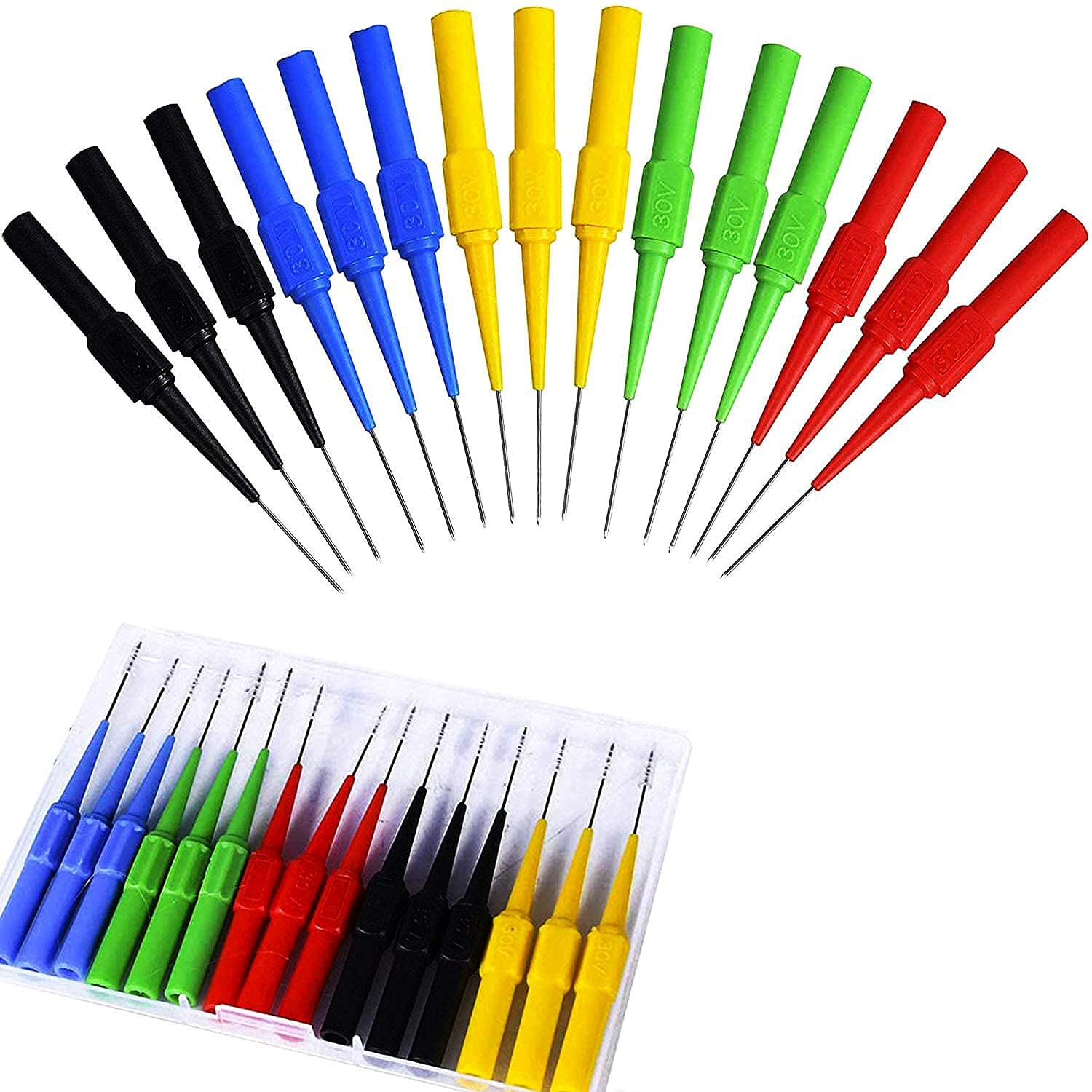 RUNCCI-YUN 15pcs Multimeter Insulated Test Probe 4mm Tips Flexible Banana Connector Test Pen (Blue, Green, Yellow, Red, Black)