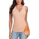 WOWENY Sleeveless Thermal Fleece Tank Top for Women V Neck Lace Camisole Warm Base Layer Cami Vest Underwear Tops
