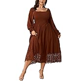 SHESTARR Women's Plus Size Maxi Dress Long Sleeve Square Neck Smocked Flowy A-Line Lace Trim Wedding Guest Dresses