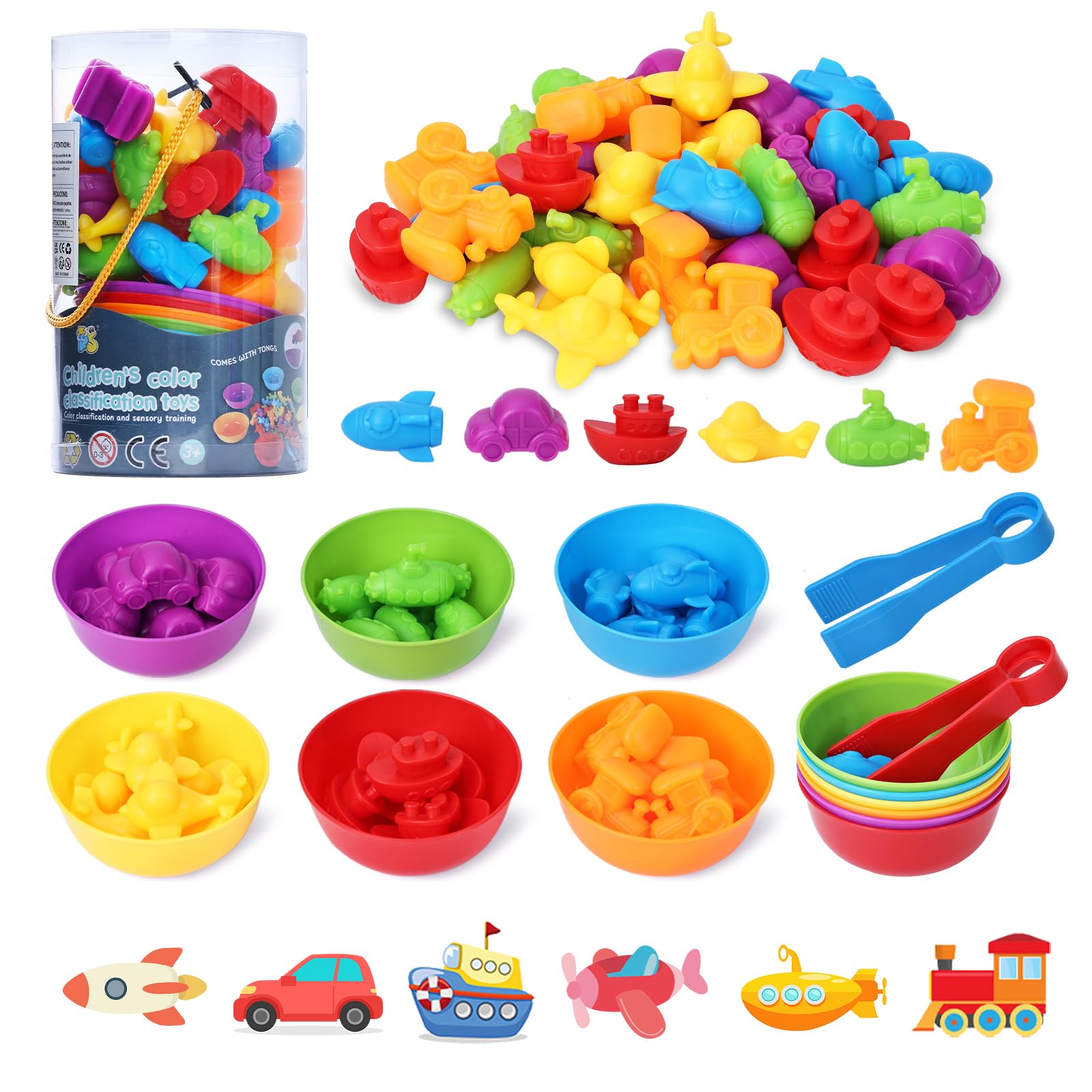 BBLIKE Montessori Counting Toys, Kids Transportation Sorting Toys with Bowl, Tweezers, Color Sorting Math Toys Educational Learning Toy for Children 3 4 5 6 Year Old Boy Girl Gift